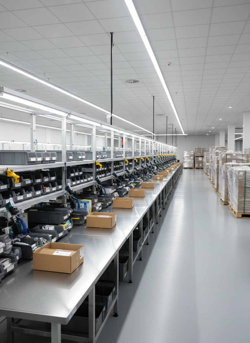 A long, immaculate kitting and packaging line in a modern logistics facility, stainless steel workstations arranged in a straight, organized row. Each station displays neatly laid out components in labeled bins, precision tools, and open corrugated cartons awaiting assembly. Palletized finished kits are stacked in the background, wrapped tightly and aligned. Cool white overhead LED lighting creates bright, even illumination with crisp reflections on metal surfaces and subtle shadows under tables. Photographic realism from a slightly elevated, wide-angle perspective emphasizes efficiency, order, and scale. The atmosphere is professional and controlled, with a clean, modern aesthetic that communicates reliability in contract kitting and transit-ready packaging solutions.