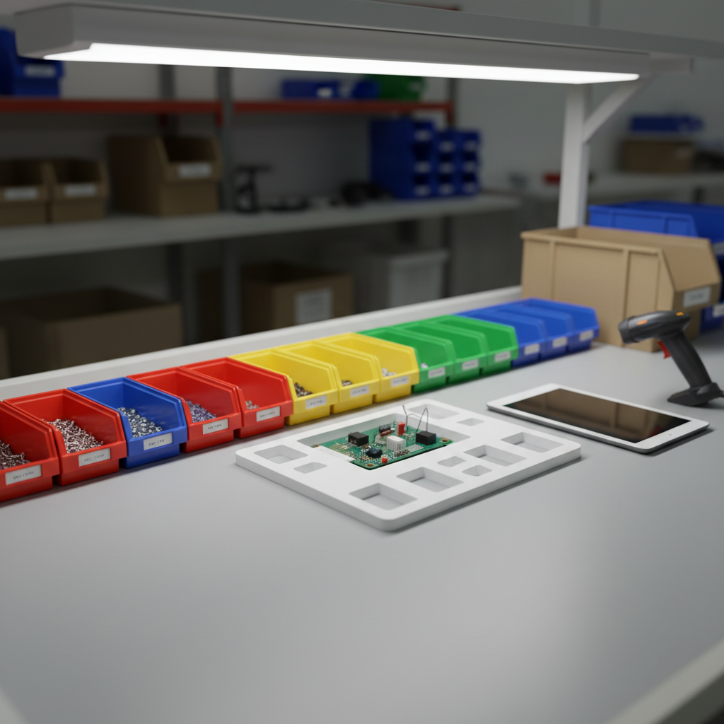 A close-up, photographic view of a meticulously organized kitting workstation featuring a smooth, light-gray anti-static mat, color-coded plastic bins holding fasteners and small components, and a partially assembled kit in a custom die-cut insert. A digital barcode scanner and tablet rest nearby, screens turned away to avoid visible text. Overhead diffused LED task lighting creates soft, shadow-free illumination, highlighting the precision layout and crisp edges of each part. Shot from an eye-level, three-quarter angle with shallow depth of field, the background gently blurs into additional organized shelves and cartons, conveying a calm, efficient, and highly controlled packaging environment focused on accuracy and repeatability.