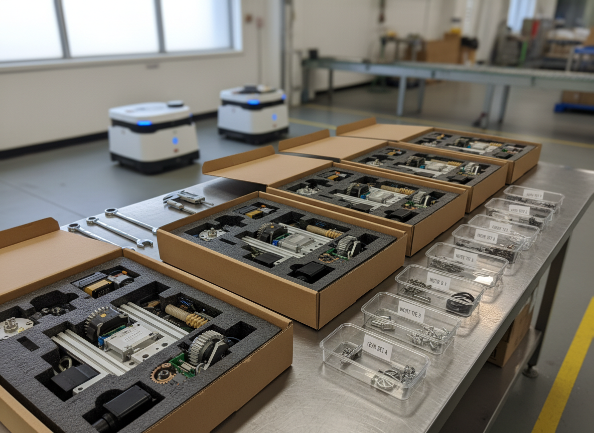 A precise sub-assembly scene showing multiple partially completed mechanical kits on a clean, brushed-metal work surface, each set into custom foam inserts within open cartons. Surrounding them are torque wrenches, calipers, and labeled component trays, all aligned parallel to the table edge. In the midground, automated guided carts wait to transport finished kits deeper into the logistics area. Neutral, balanced lighting from overhead panels and a side window creates gentle highlights on metal parts and deep but soft shadows, emphasizing texture and craftsmanship. Photographic realism, captured from a low, slightly angled shot, conveys a focused, detail-oriented atmosphere and the technical sophistication of specialized kitting services.