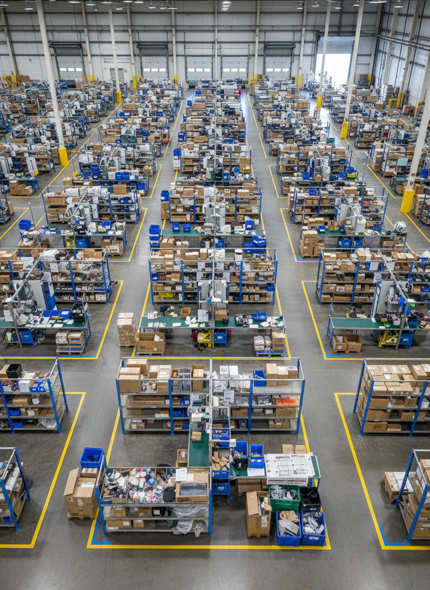 An overhead, bird’s-eye view of a large warehouse zone dedicated to contract kitting, with evenly spaced work cells marked by bright floor lines. Each cell contains a sturdy packing table, neatly aligned component racks, and conveyor belts carrying completed kits toward a loading area. Pallets and totes are arranged in logical patterns, forming a visual grid that suggests optimized workflow. Cool, even industrial lighting fills the space with minimal shadows, reinforcing clarity and order. Photographic realism with sharp focus throughout showcases the entire process flow, from sub-assembly to final packaging, capturing a mood of strategic planning, operational efficiency, and scalable logistics capability.