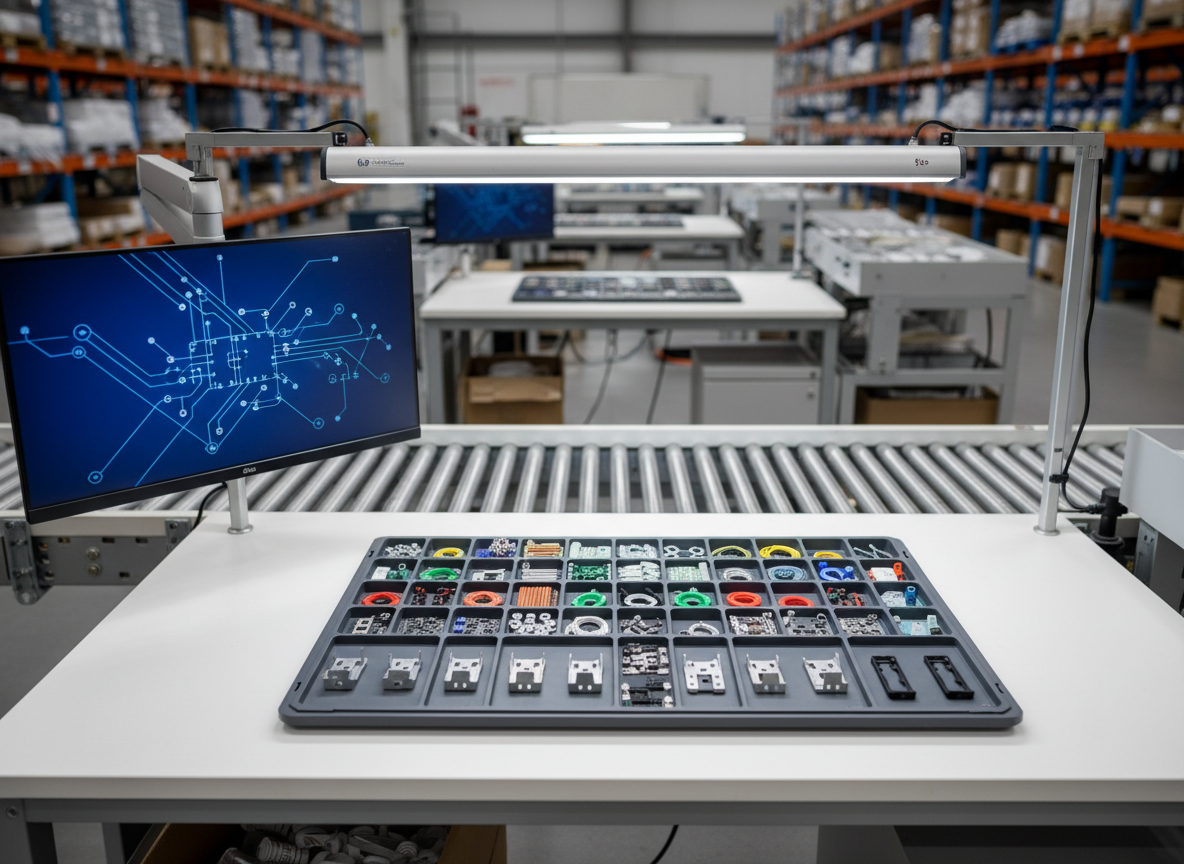 A dedicated quality-control station in a packaging and logistics facility, featuring a large, matte-white inspection table with a single open kit laid out in a precise grid. Each item rests in its designated recess within a custom insert, with mirrored spare parts beside them for verification. Nearby, a non-branded monitor displays a generic schematic pattern with no readable text. Adjustably mounted LED inspection lamps cast bright, directional light that reveals every edge and surface, producing high-contrast but controlled shadows. Photographic realism from a centered, eye-level composition creates a clinical, trustworthy mood, emphasizing accuracy, verification, and zero-defect standards in contract kitting operations.